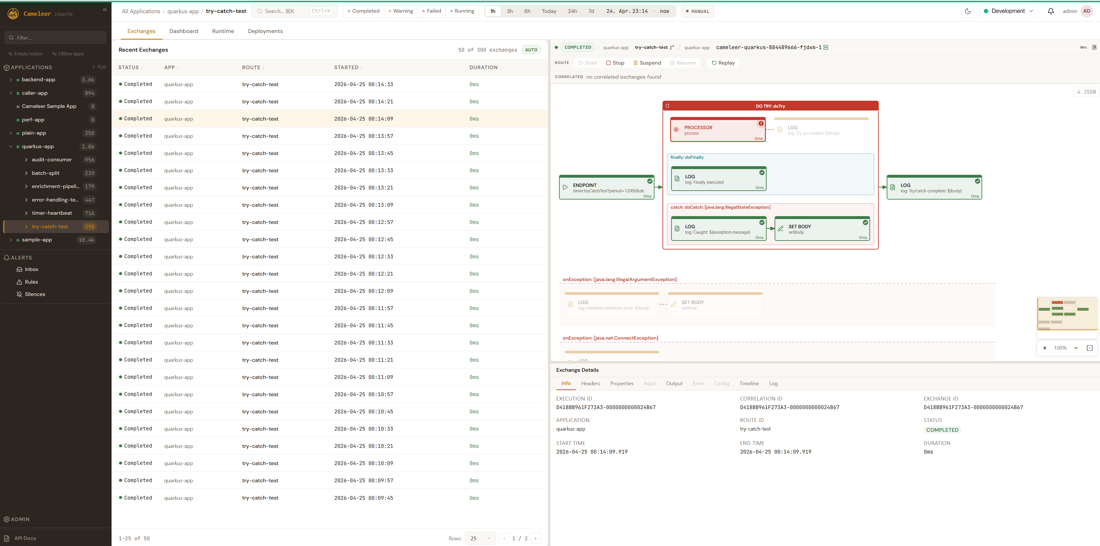Cameleer Mission Control — route execution detail with processor-level trace